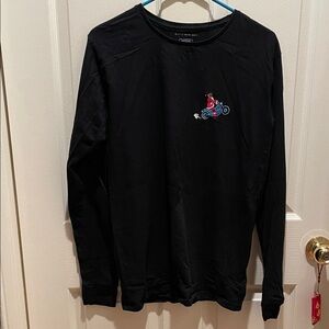 Classic Black Long Sleeve Tee with Embroidered Santa and Motorcycle